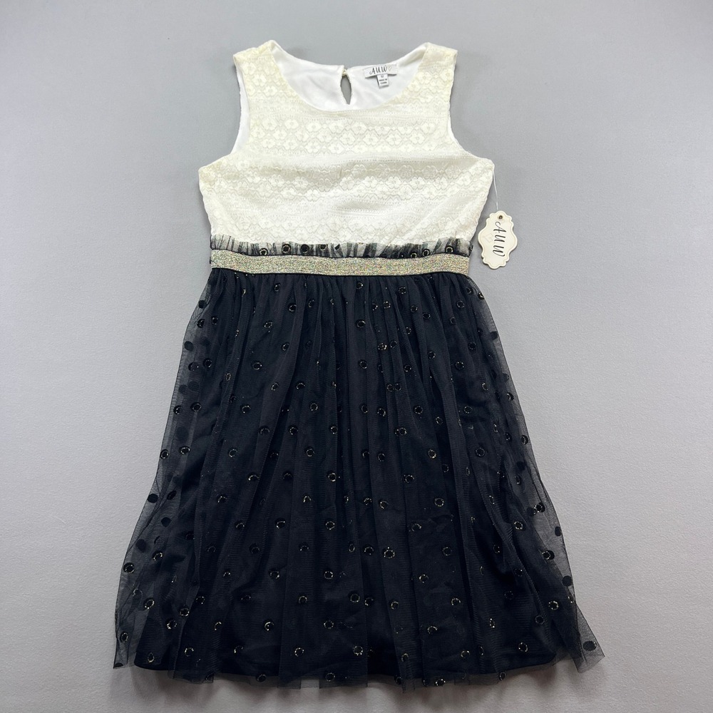 AUW A Line Dress Girls 12 Beige Black Colorblock Floral Lined Lace Detail Party